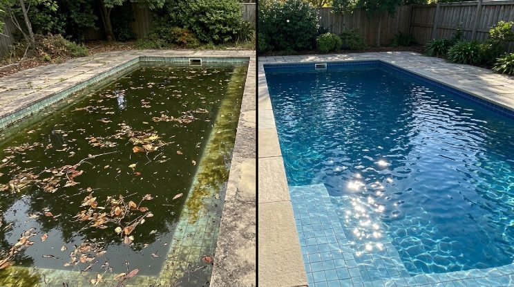 Green Pool Cleanup & Recovery before and after in Cary, NC