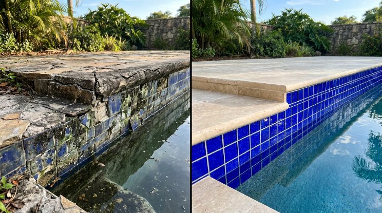 Pool Tile & Coping Repair before and after in Cary, NC